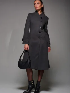 Jolie Moi Weekend Casuals-Asymmetric Button Detail Fit & Flare Coat, Dark Grey