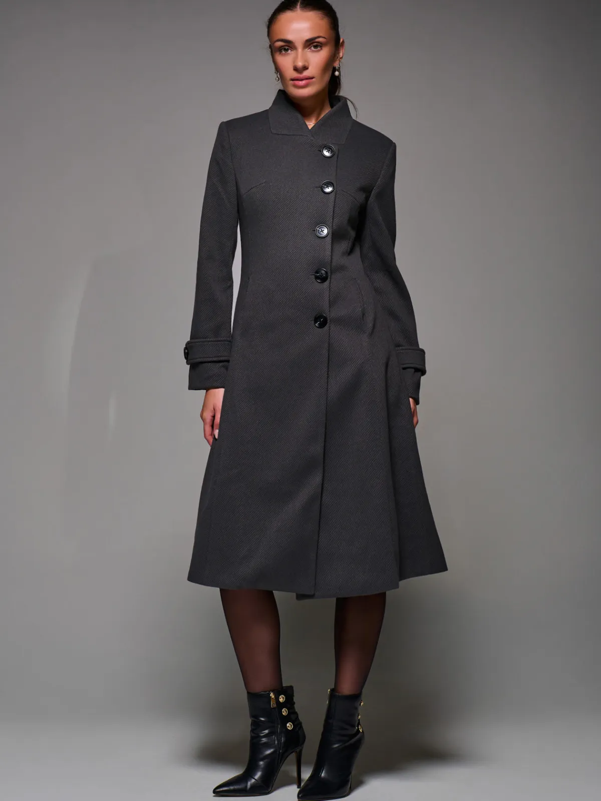 Jolie Moi Weekend Casuals-Asymmetric Button Detail Fit & Flare Coat, Dark Grey