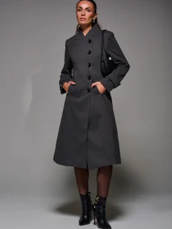 Jolie Moi Weekend Casuals-Asymmetric Button Detail Fit & Flare Coat, Dark Grey