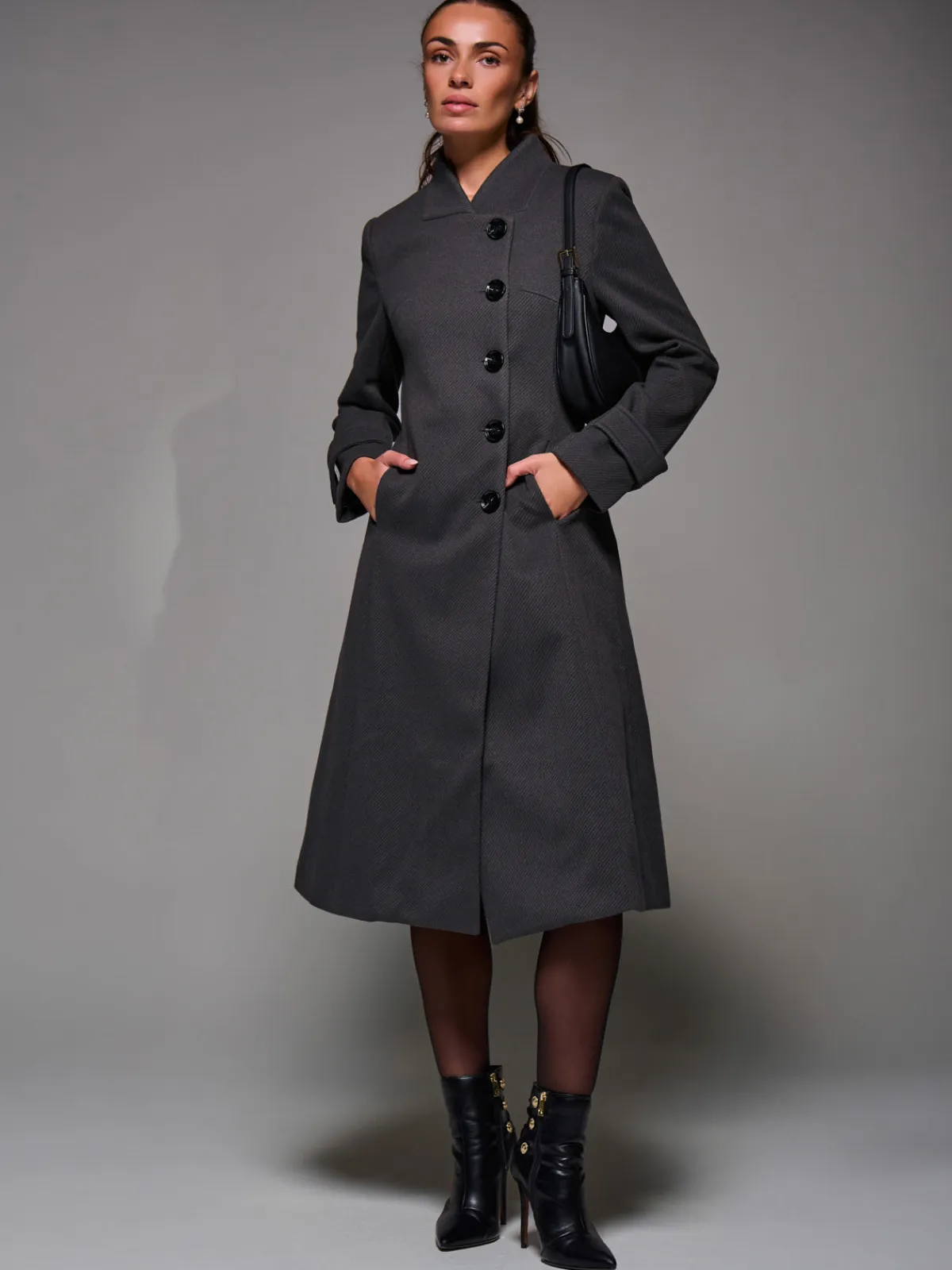 Jolie Moi Weekend Casuals-Asymmetric Button Detail Fit & Flare Coat, Dark Grey