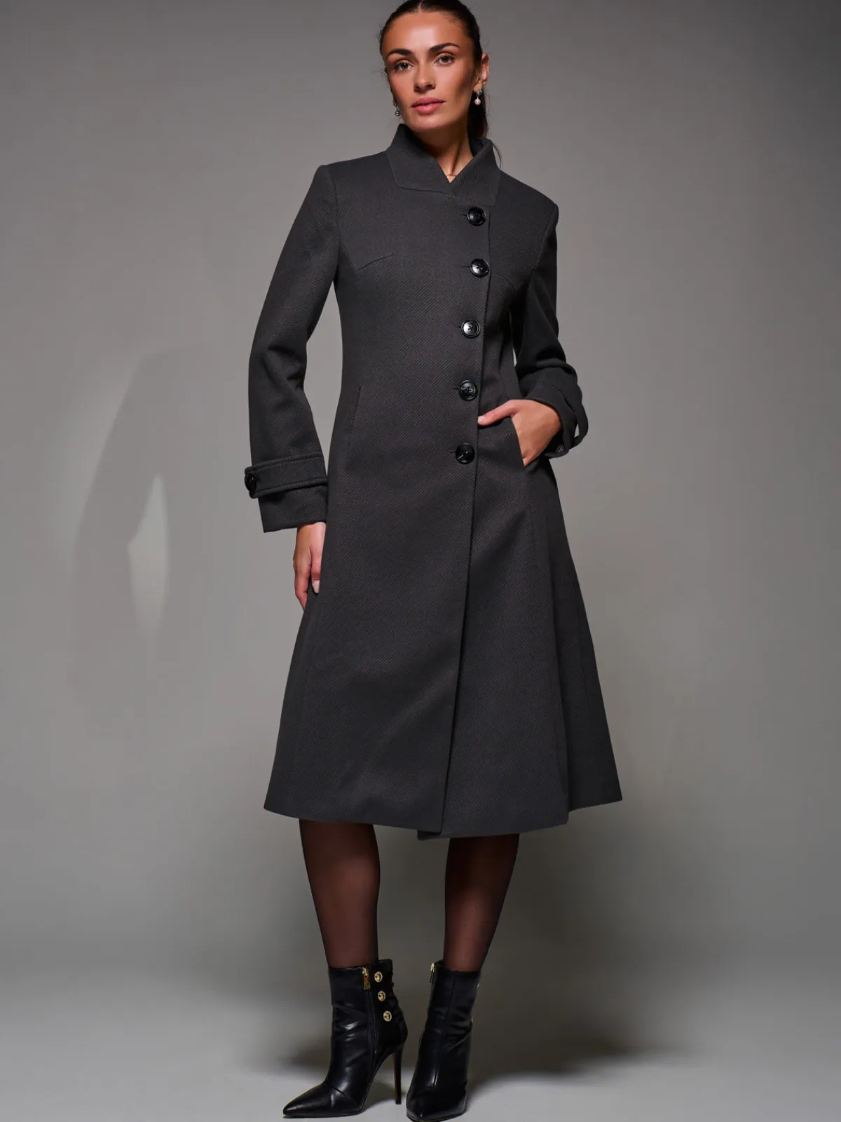Jolie Moi Weekend Casuals-Asymmetric Button Detail Fit & Flare Coat, Dark Grey