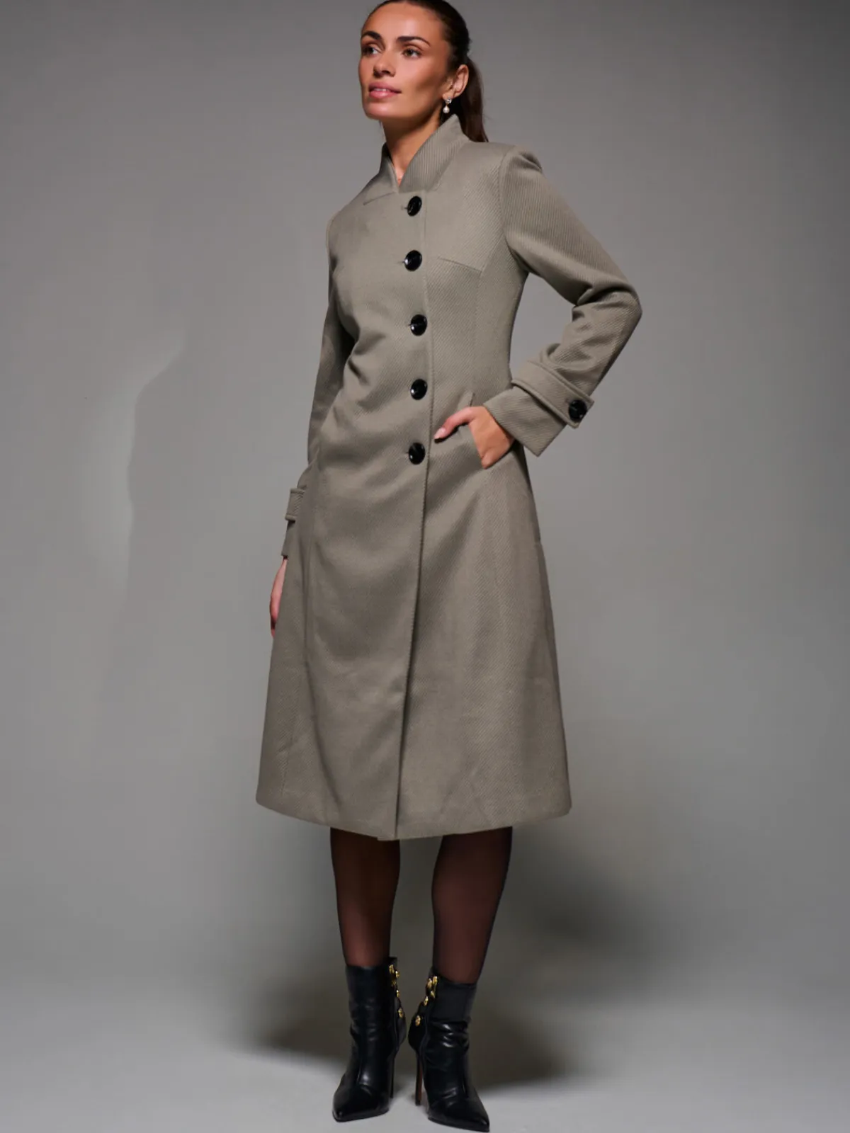 Jolie Moi Weekend Casuals-Asymmetric Button Detail Fit & Flare Coat, Stone Green