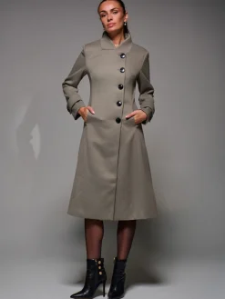 Jolie Moi Weekend Casuals-Asymmetric Button Detail Fit & Flare Coat, Stone Green
