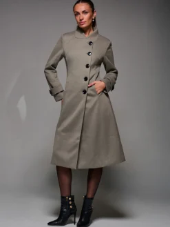 Jolie Moi Weekend Casuals-Asymmetric Button Detail Fit & Flare Coat, Stone Green