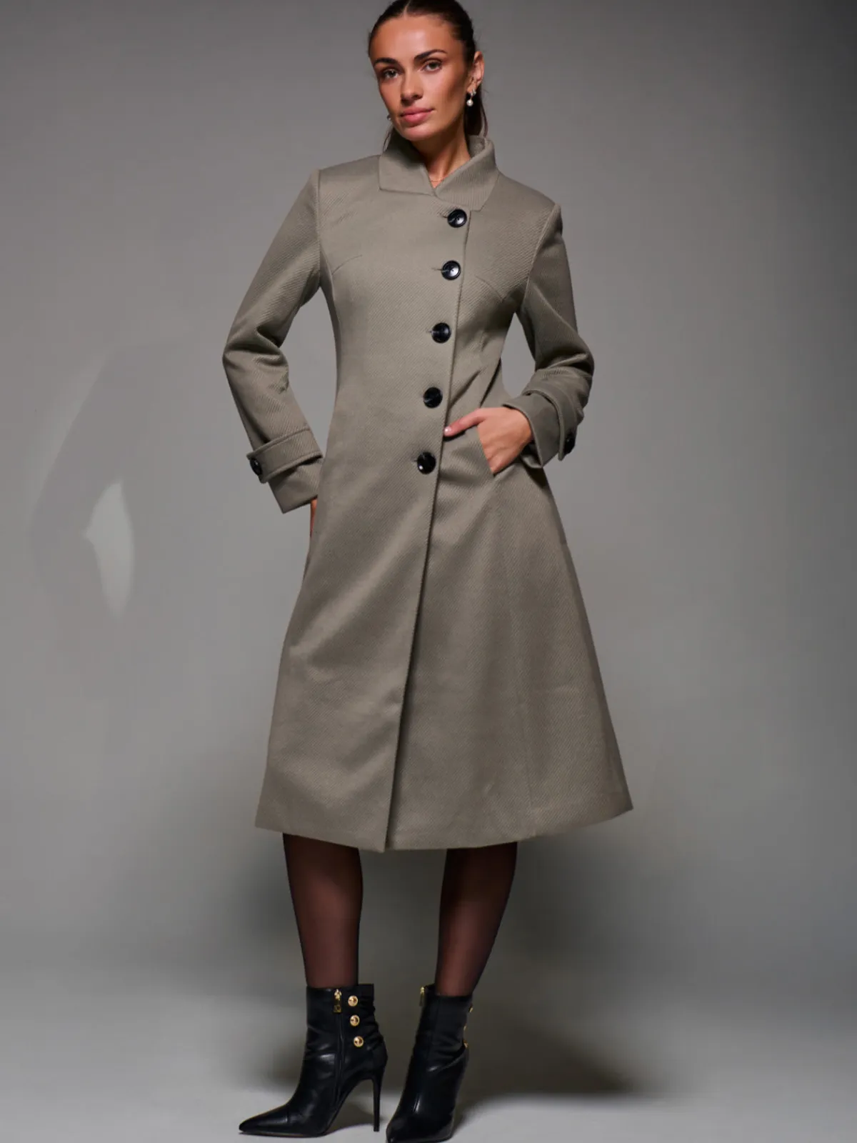 Jolie Moi Weekend Casuals-Asymmetric Button Detail Fit & Flare Coat, Stone Green