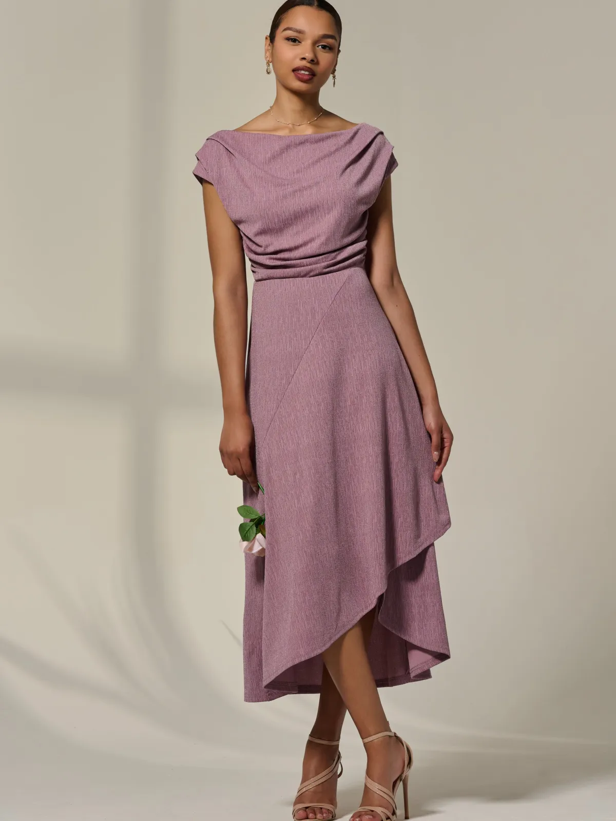 Jolie Moi Occasion Dresses|Midi Dresses-Asymmetric Cowl Neck Midi Dress, Mauve Purple