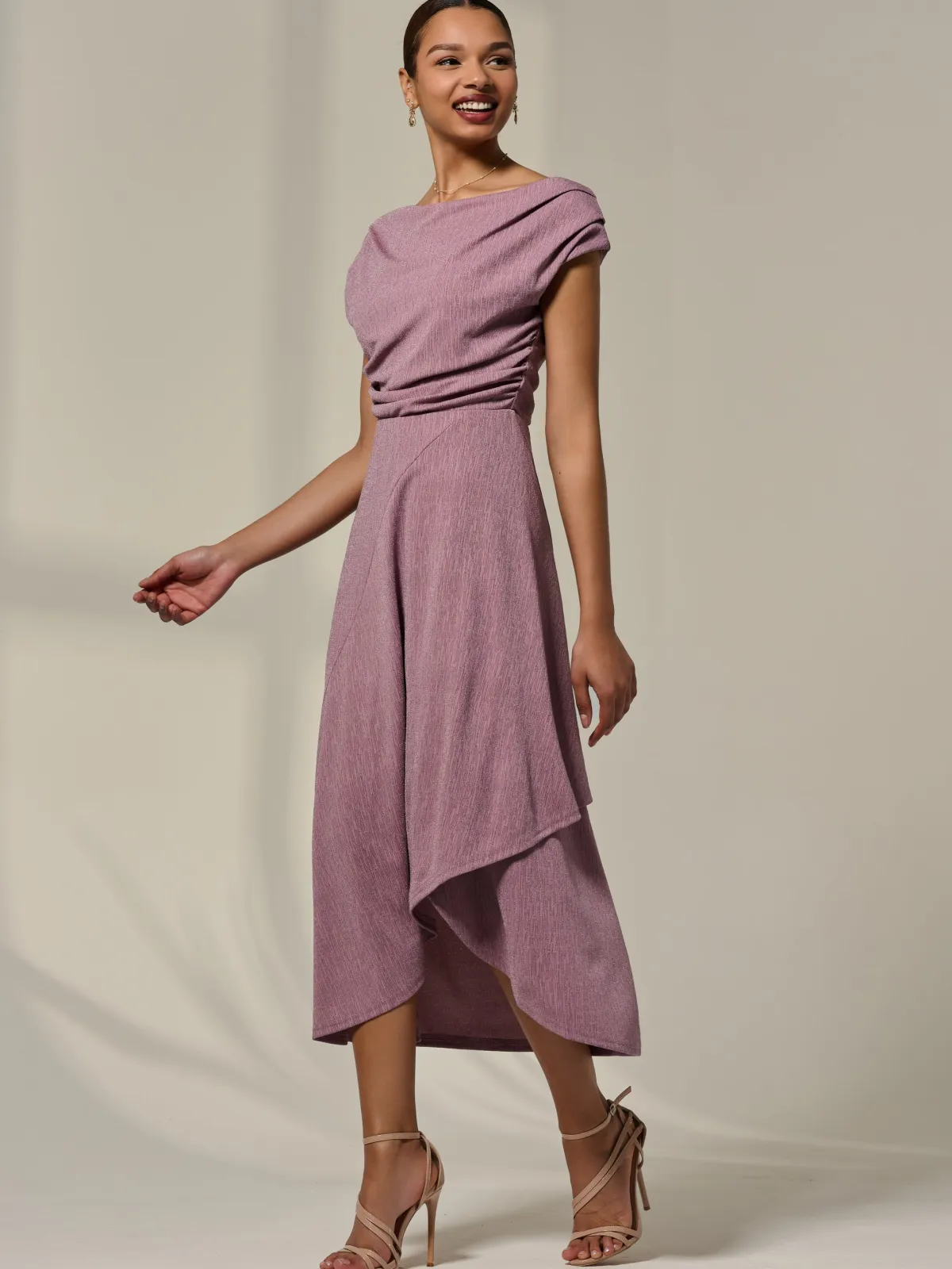 Jolie Moi Occasion Dresses|Midi Dresses-Asymmetric Cowl Neck Midi Dress, Mauve Purple
