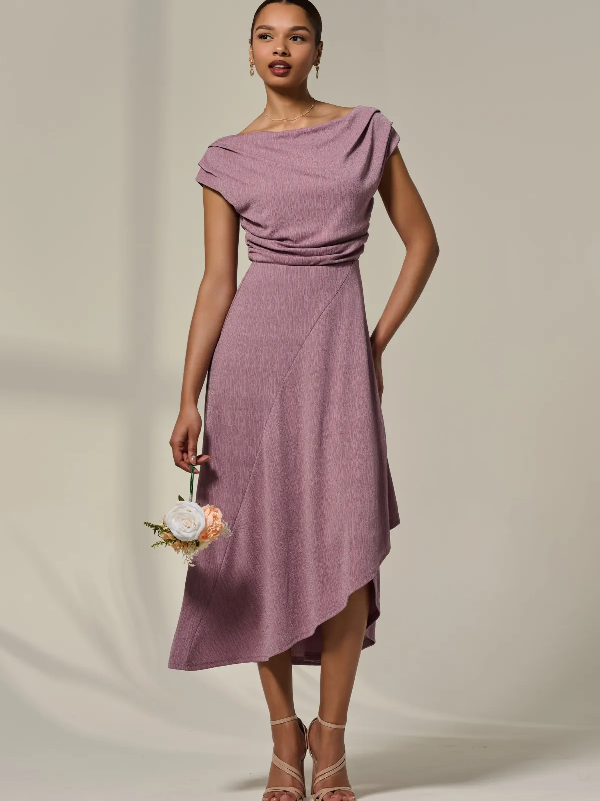 Jolie Moi Occasion Dresses|Midi Dresses-Asymmetric Cowl Neck Midi Dress, Mauve Purple