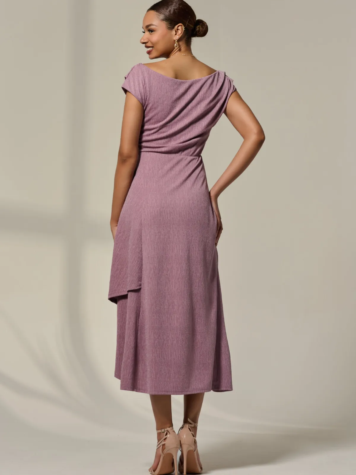 Jolie Moi Occasion Dresses|Midi Dresses-Asymmetric Cowl Neck Midi Dress, Mauve Purple