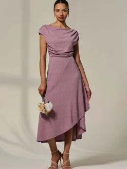 Jolie Moi Occasion Dresses|Midi Dresses-Asymmetric Cowl Neck Midi Dress, Mauve Purple