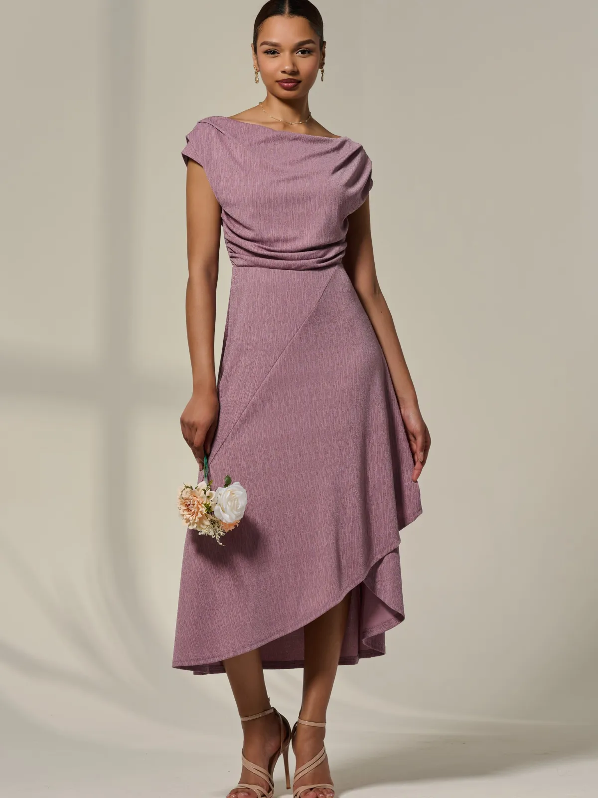 Jolie Moi Occasion Dresses|Midi Dresses-Asymmetric Cowl Neck Midi Dress, Mauve Purple