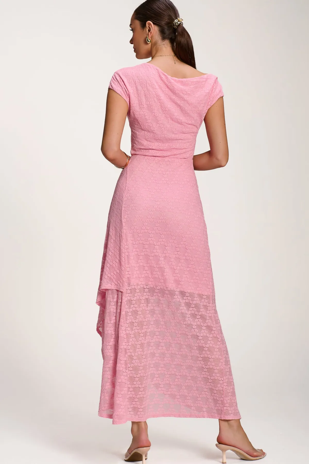 Jolie Moi Party Dresses|Signature Lace-Asymmetric Draped Lace Maxi Dress, Candy Pink