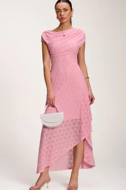 Jolie Moi Party Dresses|Signature Lace-Asymmetric Draped Lace Maxi Dress, Candy Pink