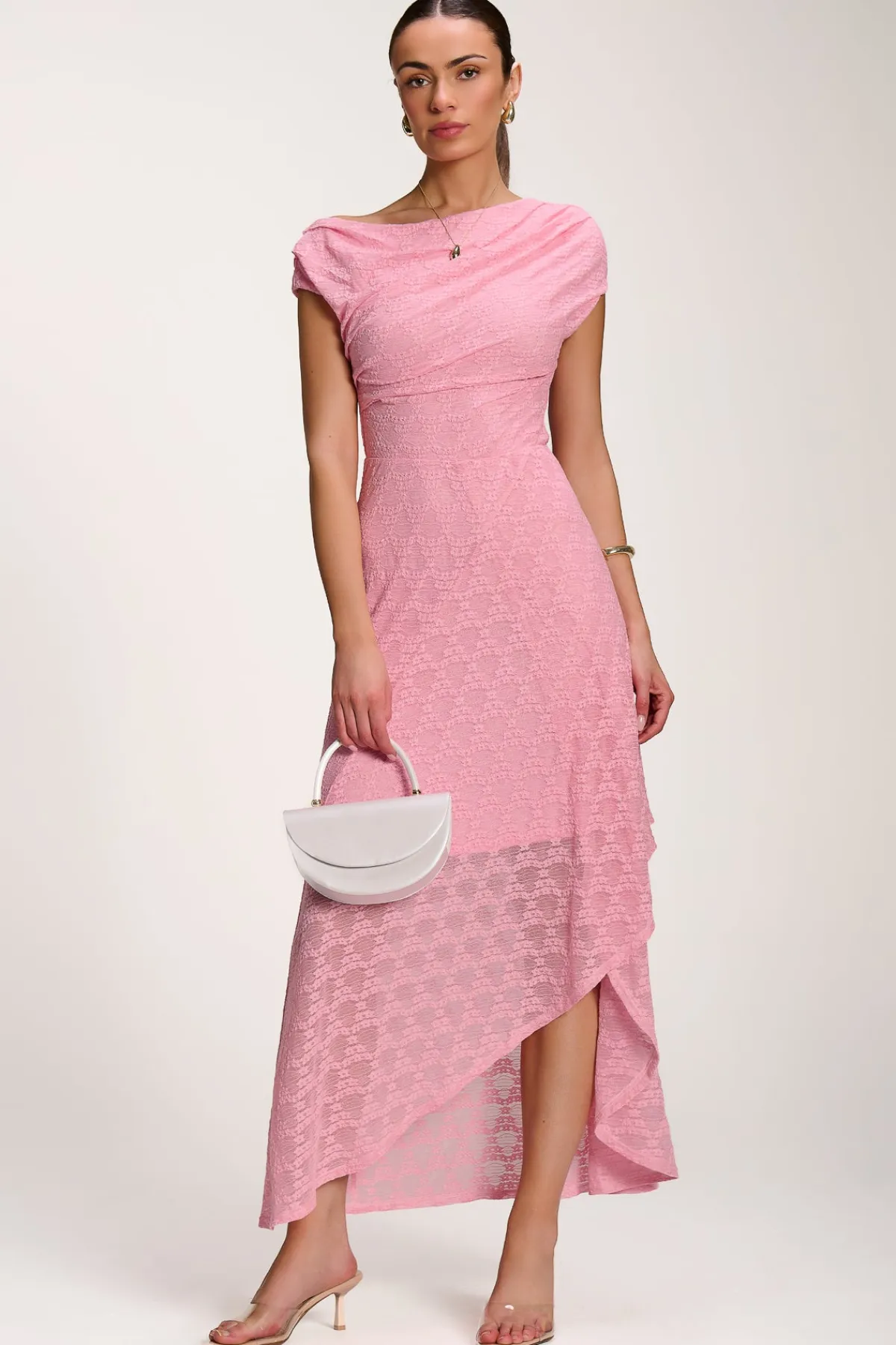 Jolie Moi Party Dresses|Signature Lace-Asymmetric Draped Lace Maxi Dress, Candy Pink