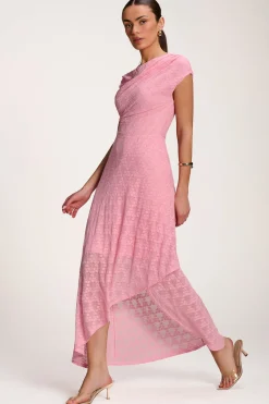 Jolie Moi Party Dresses|Signature Lace-Asymmetric Draped Lace Maxi Dress, Candy Pink
