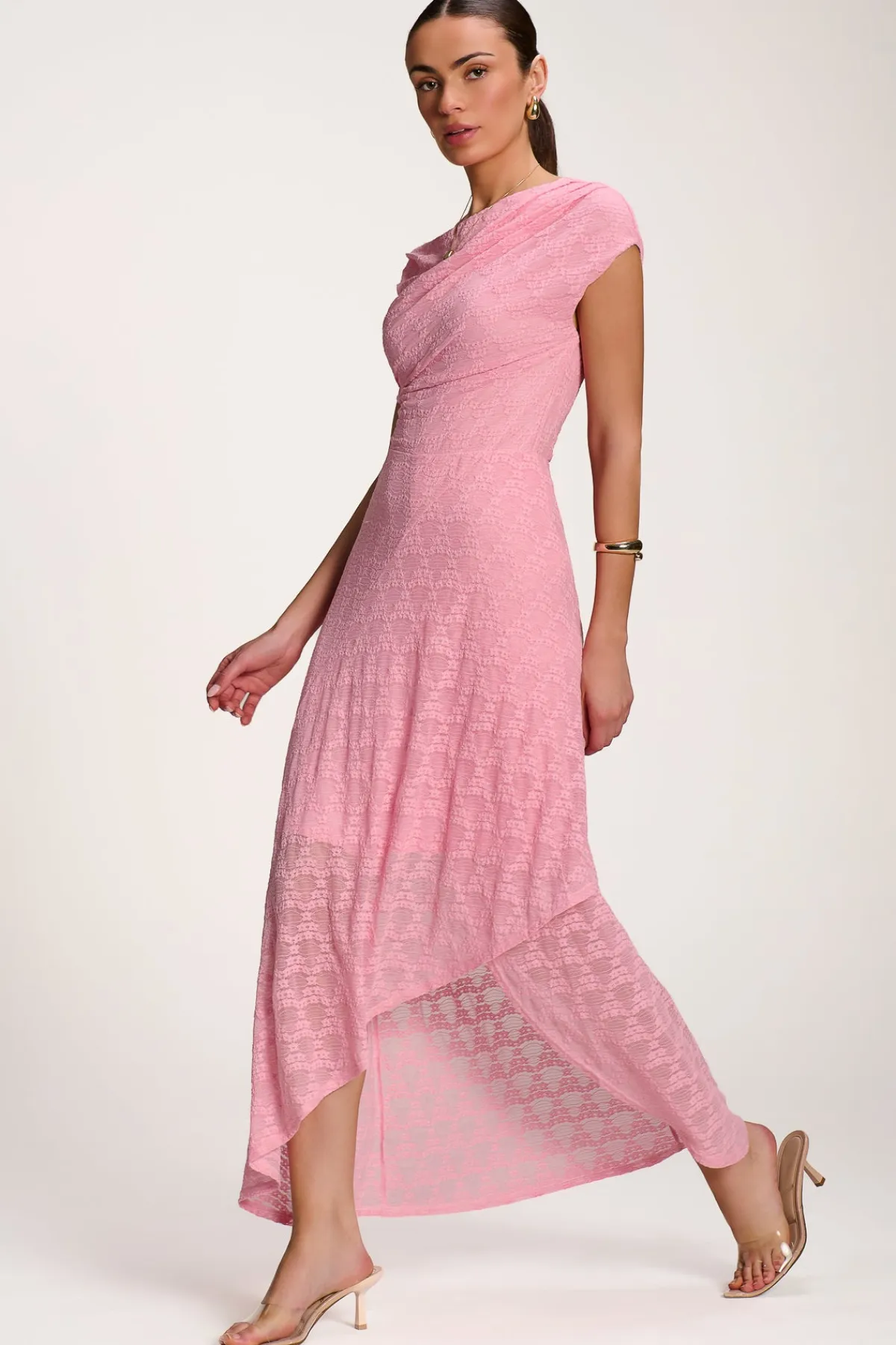 Jolie Moi Party Dresses|Signature Lace-Asymmetric Draped Lace Maxi Dress, Candy Pink