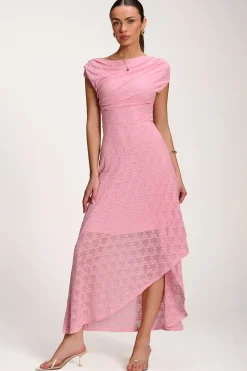 Jolie Moi Party Dresses|Signature Lace-Asymmetric Draped Lace Maxi Dress, Candy Pink