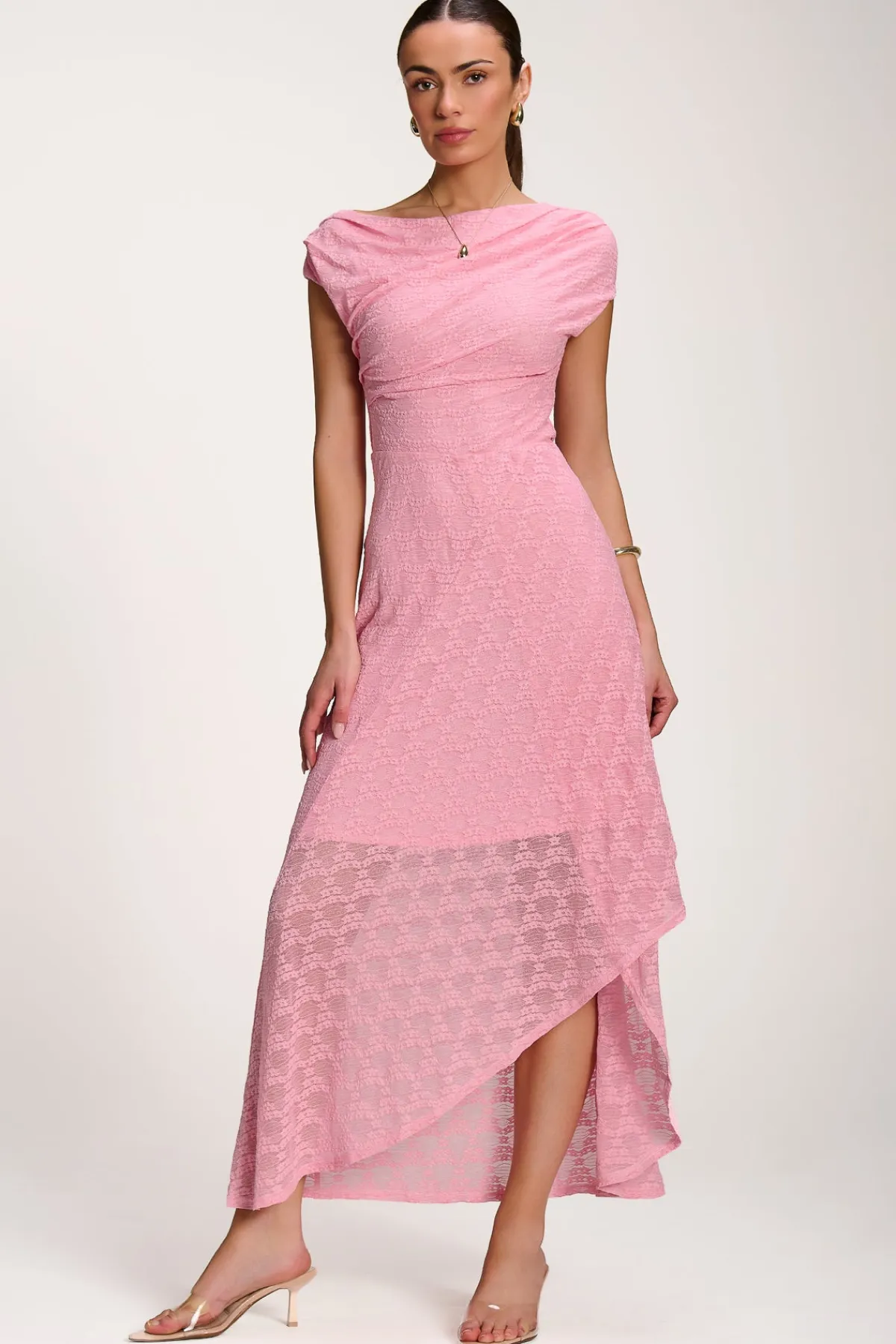 Jolie Moi Party Dresses|Signature Lace-Asymmetric Draped Lace Maxi Dress, Candy Pink