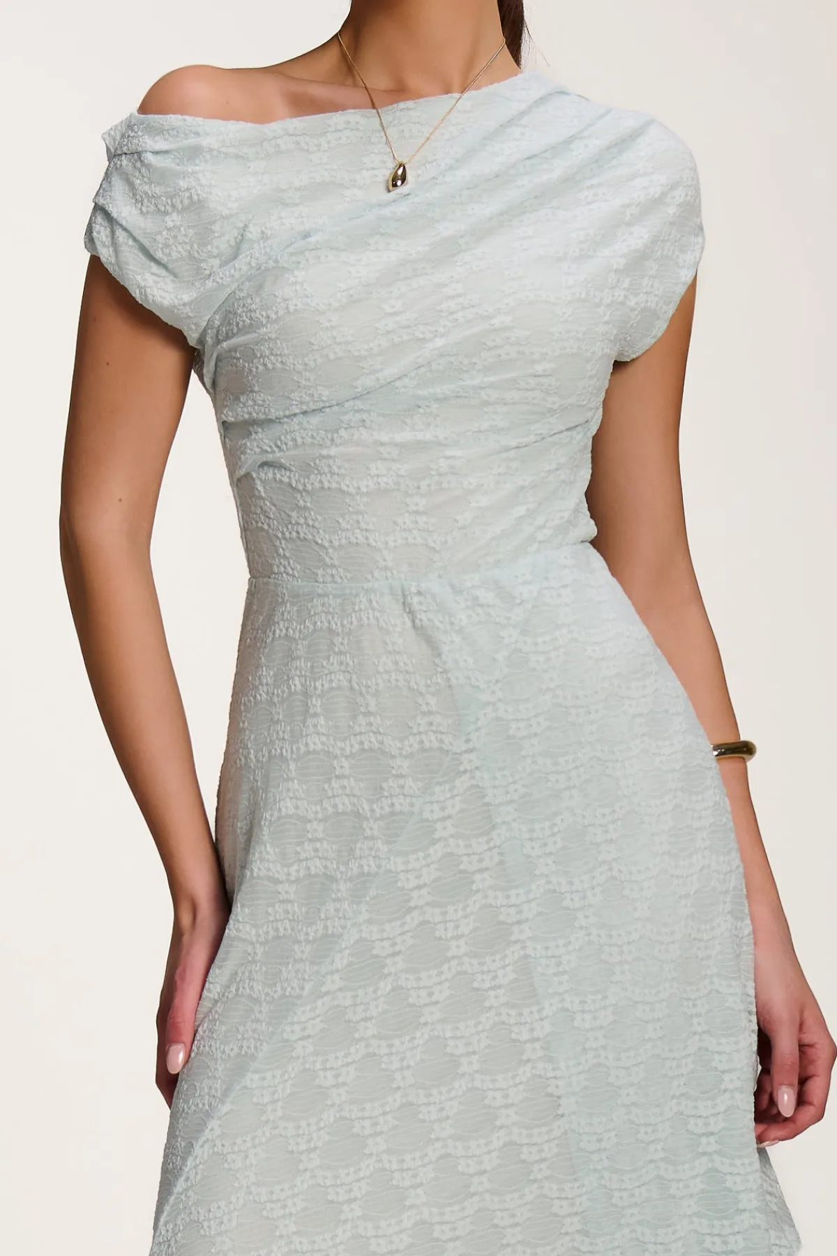 Jolie Moi Occasion Dresses|Party Dresses-Asymmetric Draped Lace Maxi Dress, Light Blue