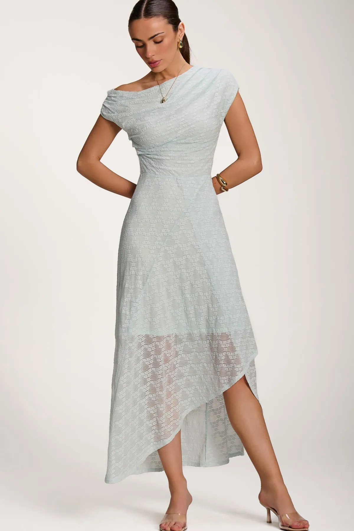 Jolie Moi Occasion Dresses|Party Dresses-Asymmetric Draped Lace Maxi Dress, Light Blue