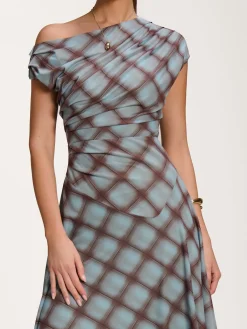 Jolie Moi Mesh Dresses|Maxi Dresses-Asymmetric Draped Mesh Dress, Blue Check