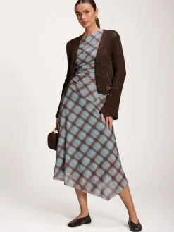 Jolie Moi Mesh Dresses|Maxi Dresses-Asymmetric Draped Mesh Dress, Blue Check