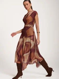 Jolie Moi Occasion Dresses|Sleeveless Dresses-Asymmetric Draped Mesh Dress, Brown Abstract