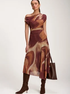Jolie Moi Occasion Dresses|Sleeveless Dresses-Asymmetric Draped Mesh Dress, Brown Abstract