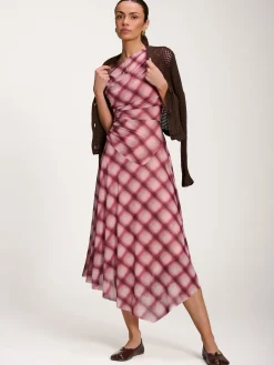 Jolie Moi Mesh Dresses|Maxi Dresses-Asymmetric Draped Mesh Dress, Pink Check