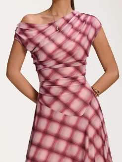Jolie Moi Mesh Dresses|Maxi Dresses-Asymmetric Draped Mesh Dress, Pink Check