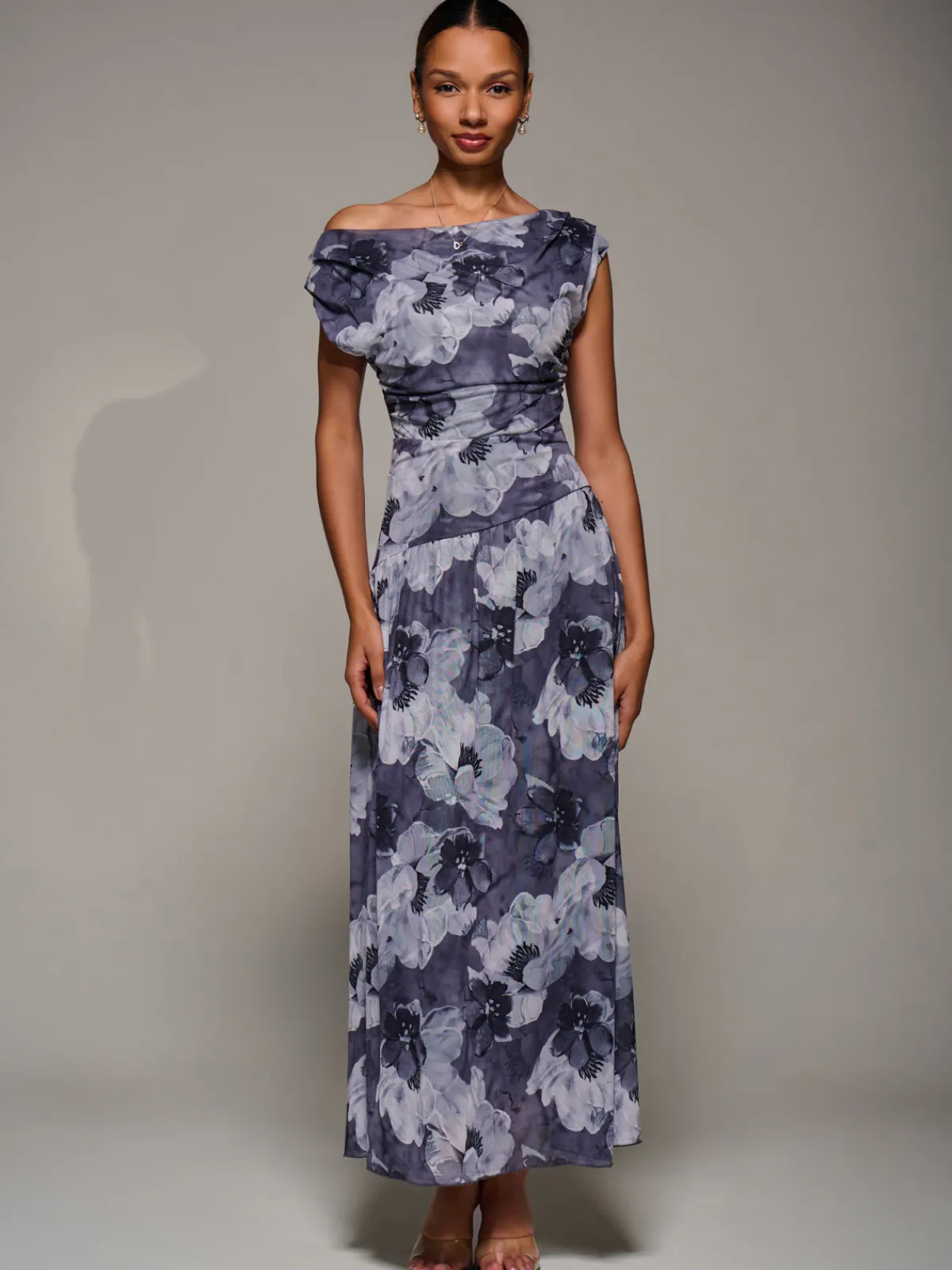 Jolie Moi Occasion Dresses|Floral Dresses-Asymmetric Draped Mesh Maxi Dress, Black Abstract