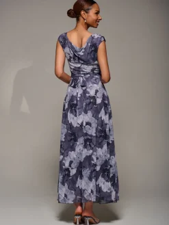 Jolie Moi Occasion Dresses|Floral Dresses-Asymmetric Draped Mesh Maxi Dress, Black Abstract