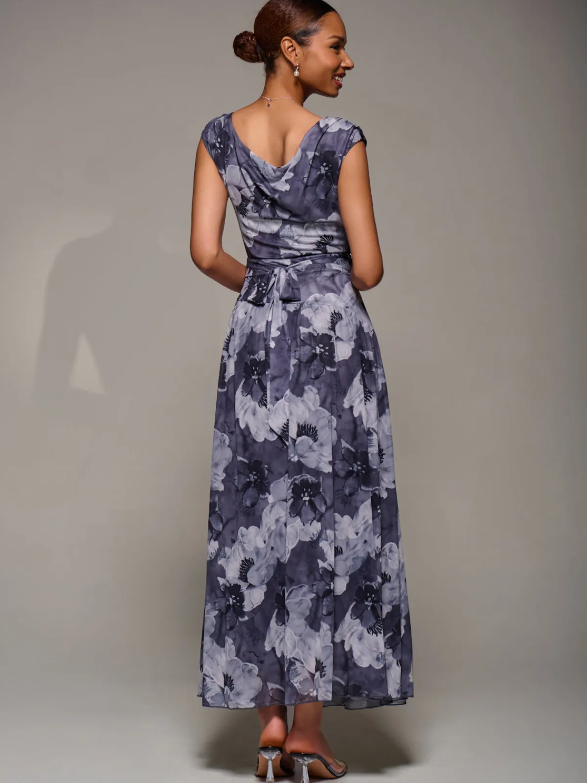 Jolie Moi Occasion Dresses|Floral Dresses-Asymmetric Draped Mesh Maxi Dress, Black Abstract
