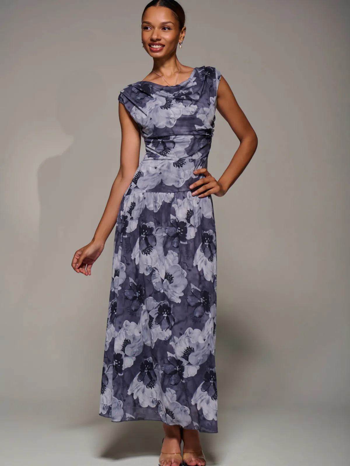 Jolie Moi Occasion Dresses|Floral Dresses-Asymmetric Draped Mesh Maxi Dress, Black Abstract