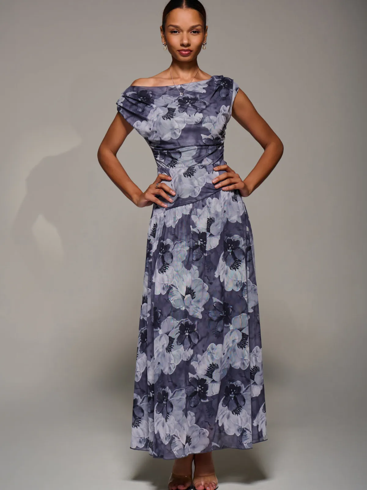 Jolie Moi Occasion Dresses|Floral Dresses-Asymmetric Draped Mesh Maxi Dress, Black Abstract