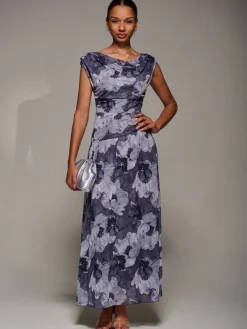 Jolie Moi Occasion Dresses|Floral Dresses-Asymmetric Draped Mesh Maxi Dress, Black Abstract