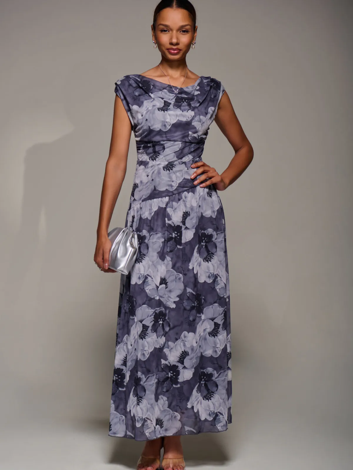 Jolie Moi Occasion Dresses|Floral Dresses-Asymmetric Draped Mesh Maxi Dress, Black Abstract