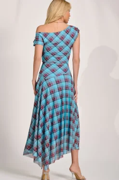 Jolie Moi Occasion Dresses|Mesh Dresses-Asymmetric Draped Mesh Maxi Dress, Blue Check