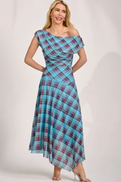 Jolie Moi Occasion Dresses|Mesh Dresses-Asymmetric Draped Mesh Maxi Dress, Blue Check