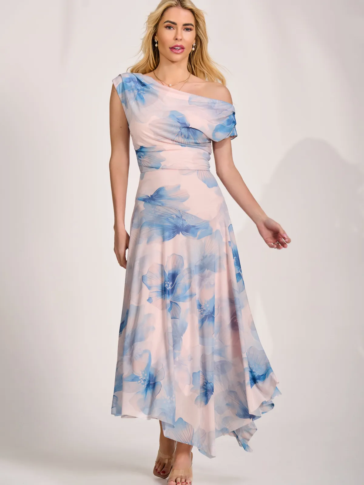 Jolie Moi Occasion Dresses|Floral Dresses-Asymmetric Draped Mesh Maxi Dress, Blue Floral