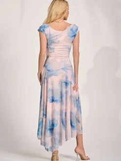 Jolie Moi Occasion Dresses|Floral Dresses-Asymmetric Draped Mesh Maxi Dress, Blue Floral