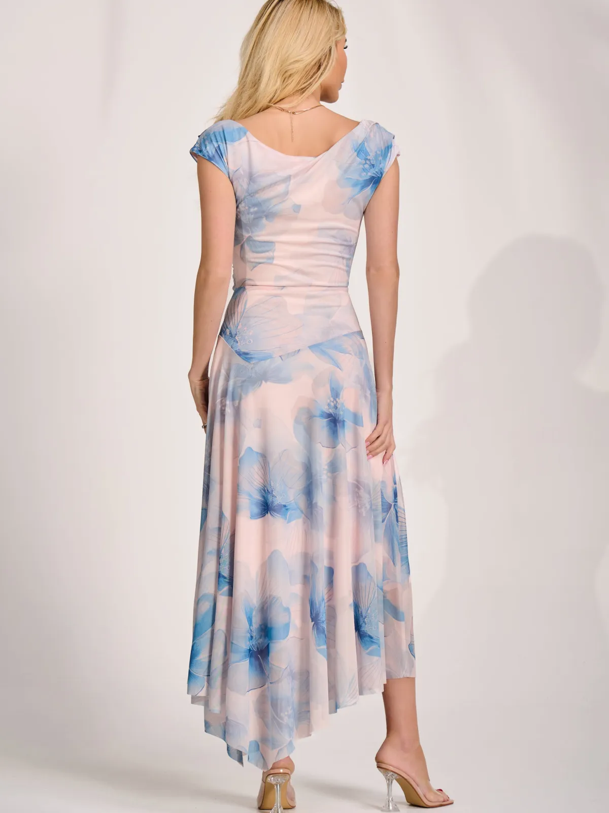 Jolie Moi Occasion Dresses|Floral Dresses-Asymmetric Draped Mesh Maxi Dress, Blue Floral