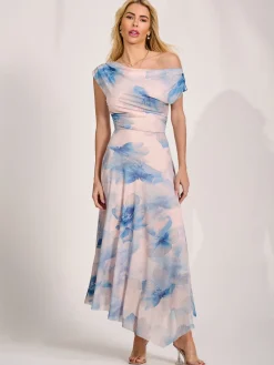 Jolie Moi Occasion Dresses|Floral Dresses-Asymmetric Draped Mesh Maxi Dress, Blue Floral
