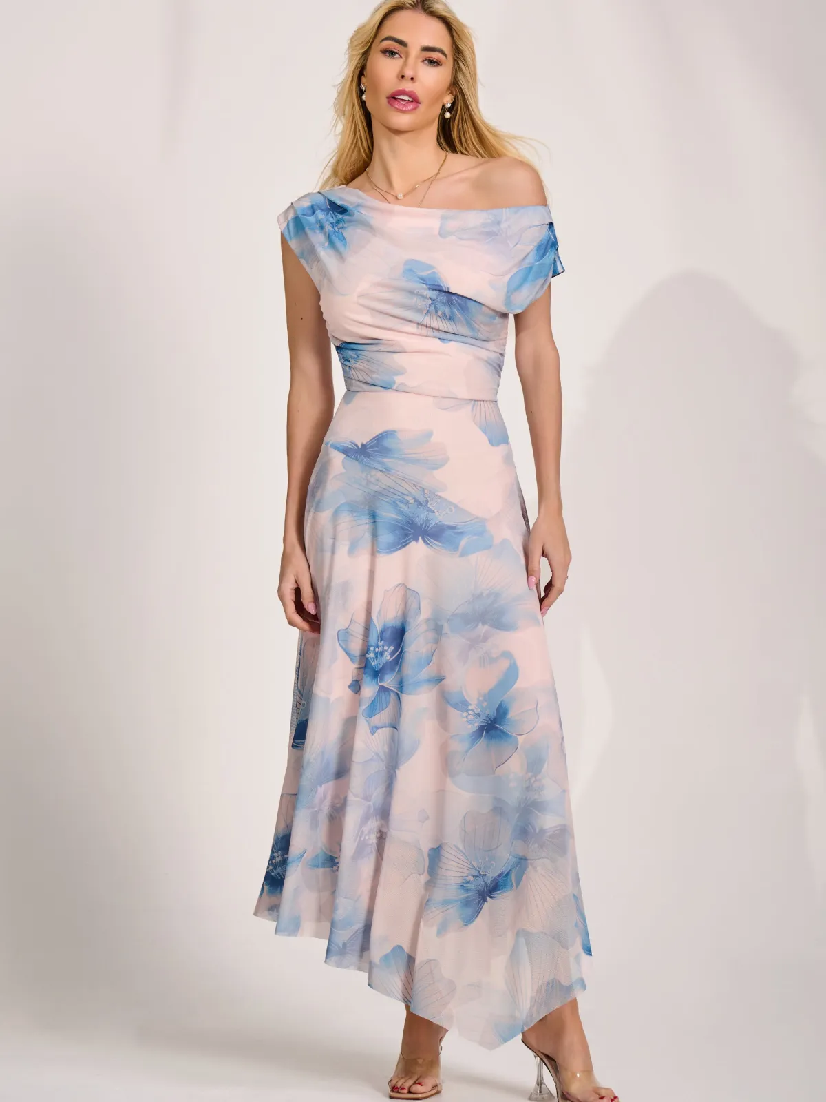 Jolie Moi Occasion Dresses|Floral Dresses-Asymmetric Draped Mesh Maxi Dress, Blue Floral