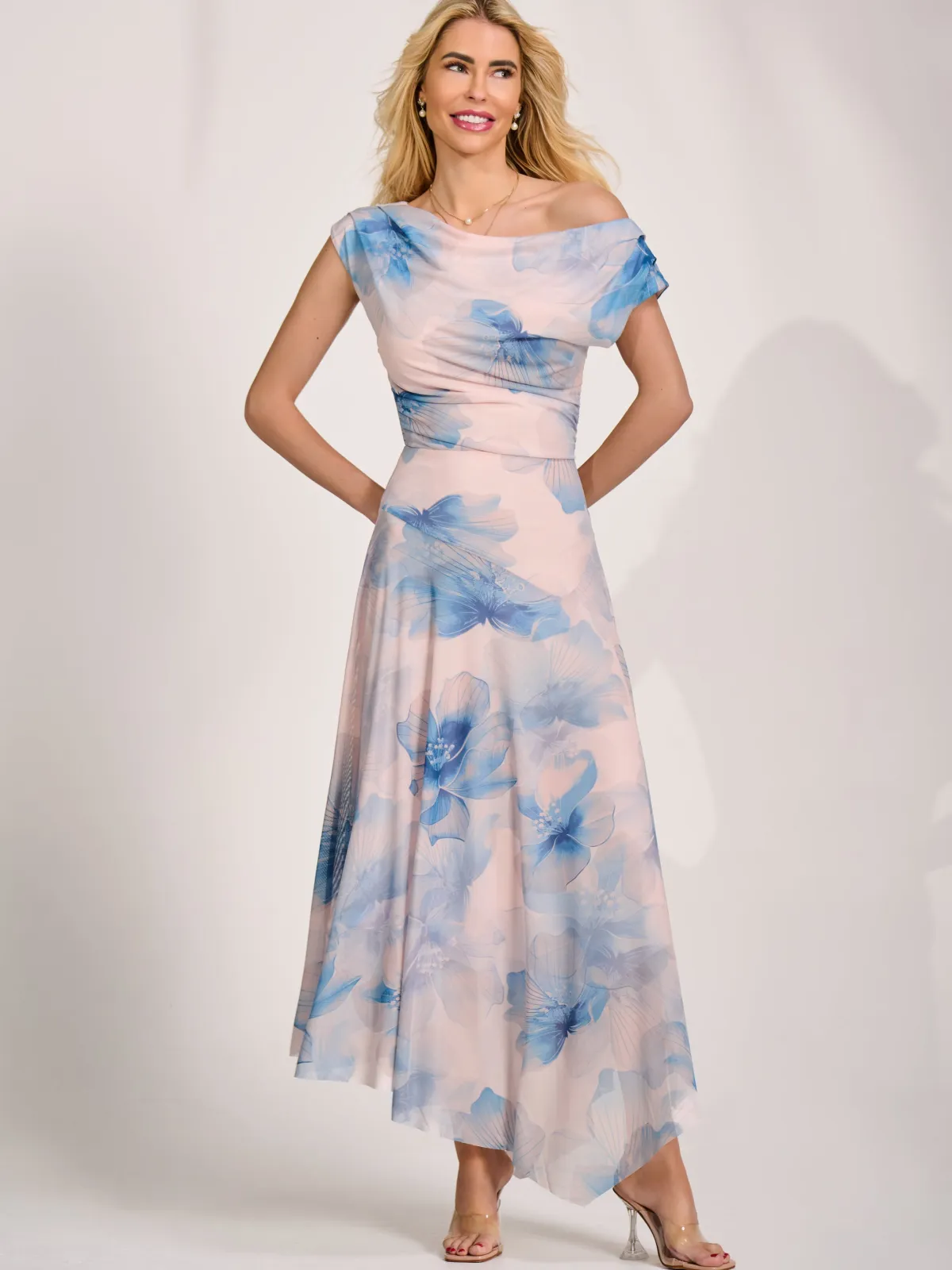 Jolie Moi Occasion Dresses|Floral Dresses-Asymmetric Draped Mesh Maxi Dress, Blue Floral