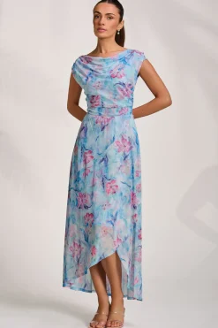 Jolie Moi Occasion Dresses|Floral Dresses-Asymmetric Draped Mesh Maxi Dress, Blue Floral