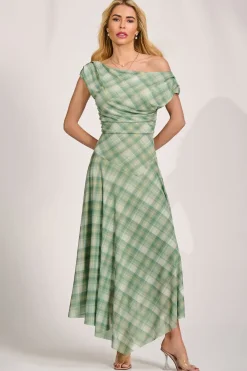 Jolie Moi Occasion Dresses|Party Dresses-Asymmetric Draped Mesh Maxi Dress, Green Check