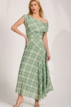 Jolie Moi Occasion Dresses|Party Dresses-Asymmetric Draped Mesh Maxi Dress, Green Check
