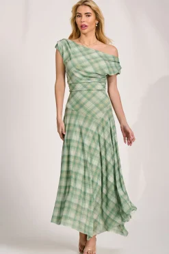 Jolie Moi Occasion Dresses|Party Dresses-Asymmetric Draped Mesh Maxi Dress, Green Check