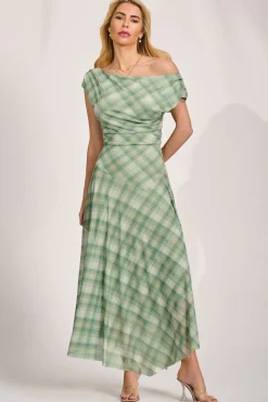 Jolie Moi Occasion Dresses|Party Dresses-Asymmetric Draped Mesh Maxi Dress, Green Check